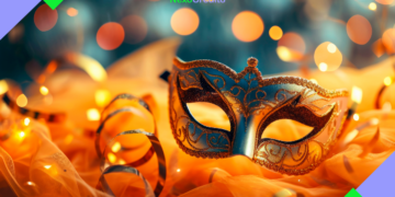 festa de carnaval máscara veneziana em fundo de brilho amarelo espaço